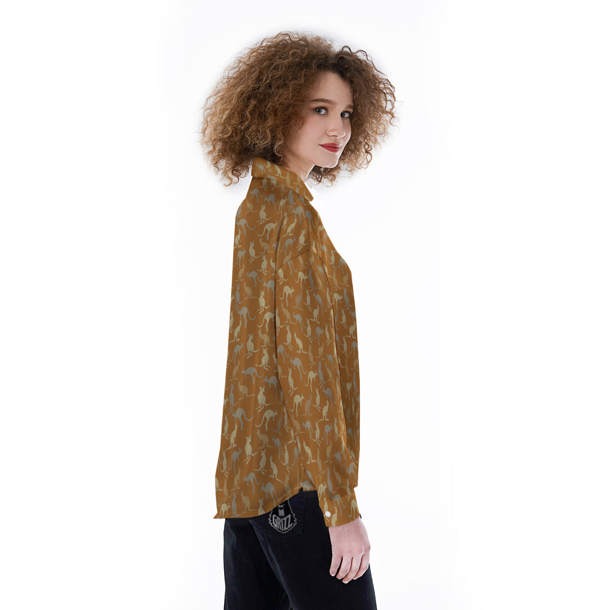 Brown And Grey Kangaroo Print Pattern Women's Long Sleeve Shirts-grizzshop
