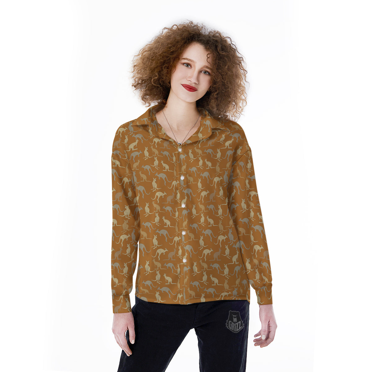 Brown And Grey Kangaroo Print Pattern Women's Long Sleeve Shirts-grizzshop
