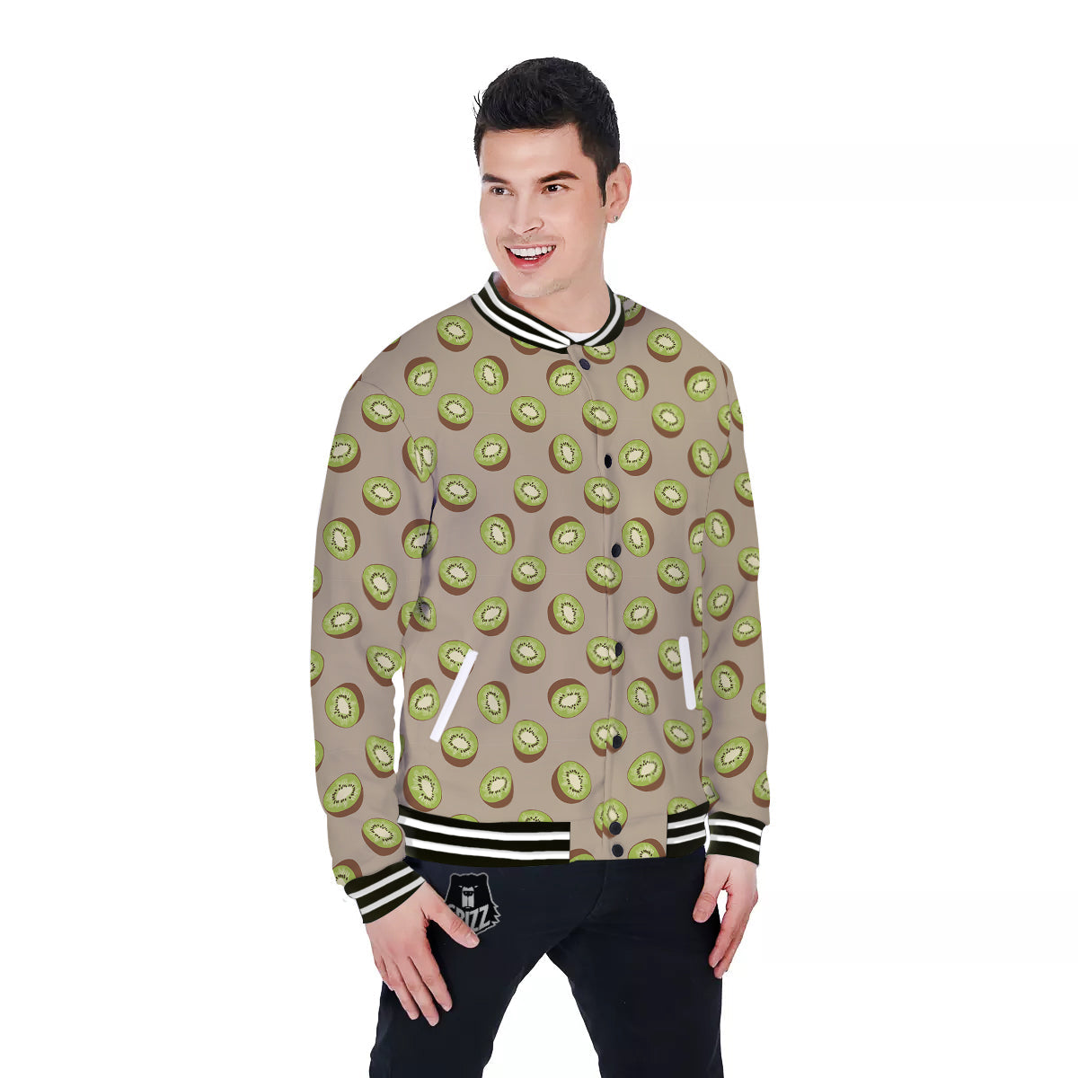 Brown And Kiwi Print Pattern Baseball Jacket-grizzshop