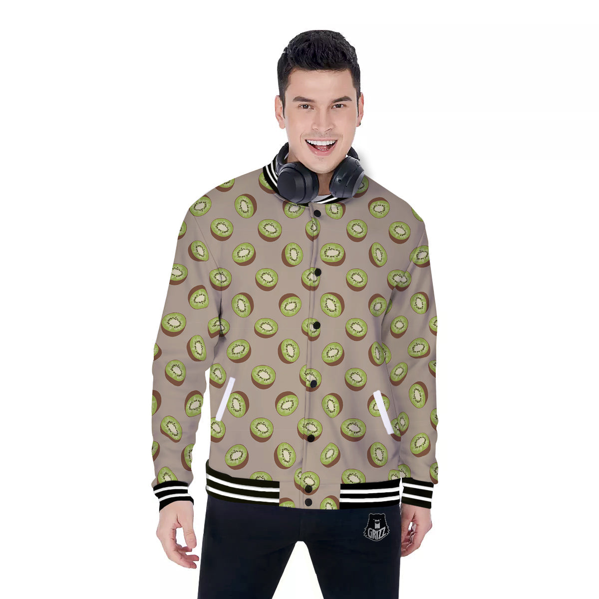 Brown And Kiwi Print Pattern Baseball Jacket-grizzshop