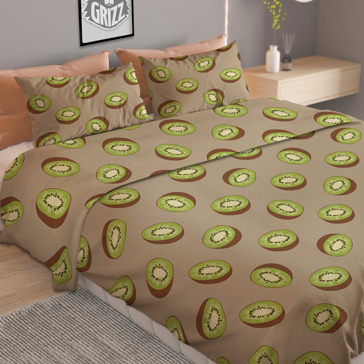 Brown And Kiwi Print Pattern Duvet Cover Bedding Set