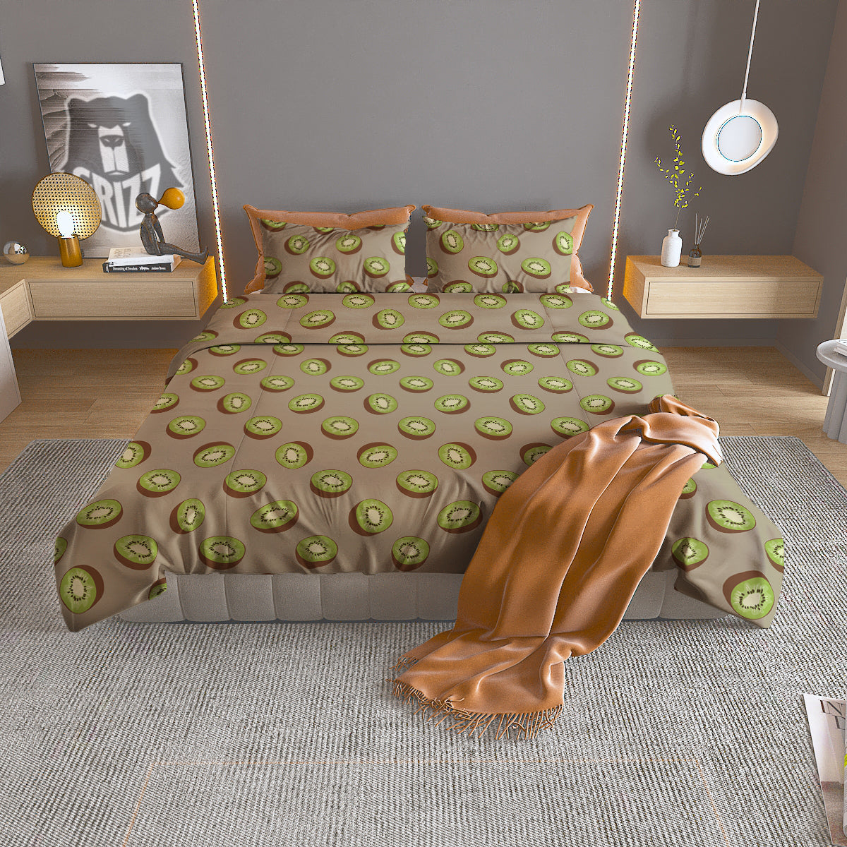 Brown And Kiwi Print Pattern Duvet Cover Bedding Set