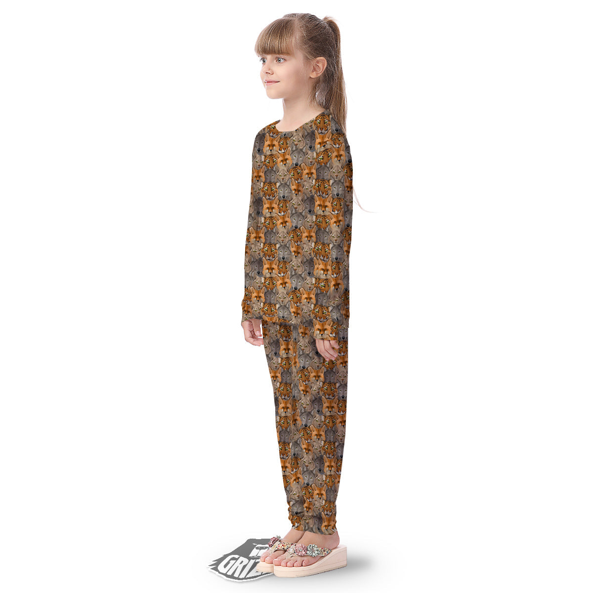 Brown And Orange Wild Animals Print Pattern Kid's Pajamas-grizzshop