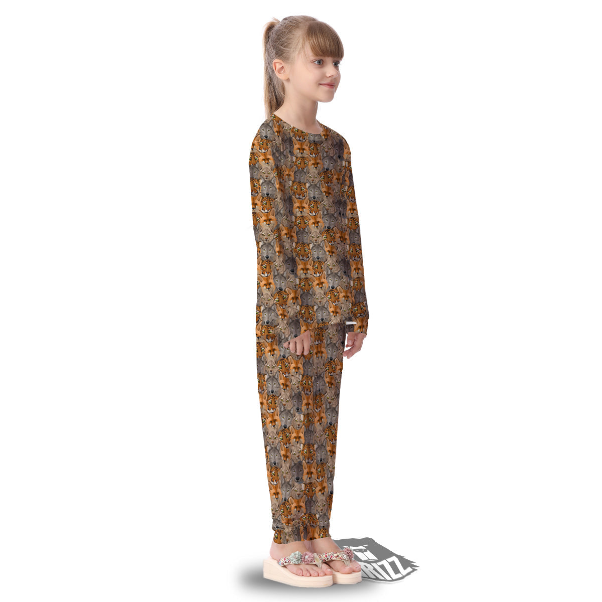 Brown And Orange Wild Animals Print Pattern Kid's Pajamas-grizzshop