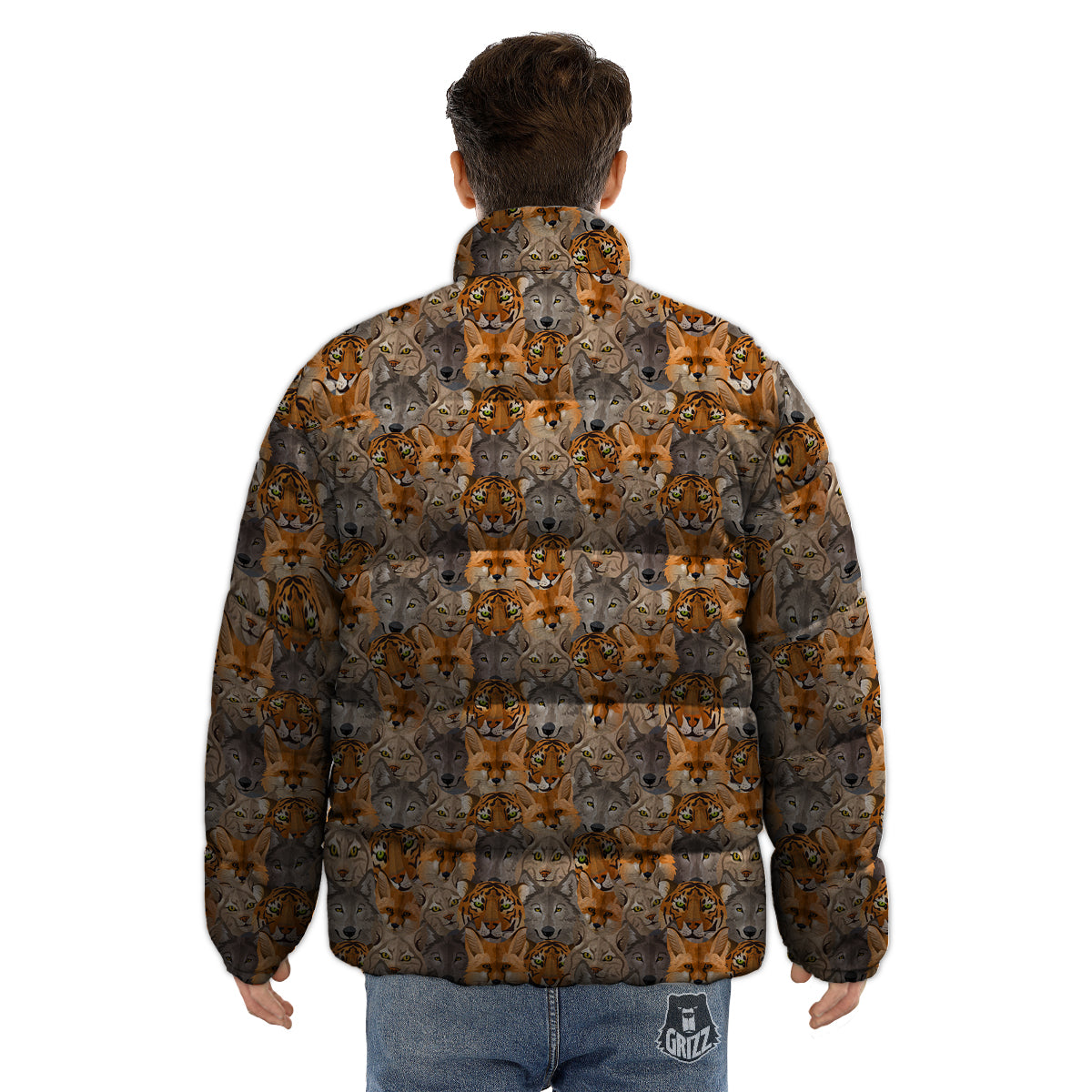 Brown And Orange Wild Animals Print Pattern Puffer Jacket-grizzshop