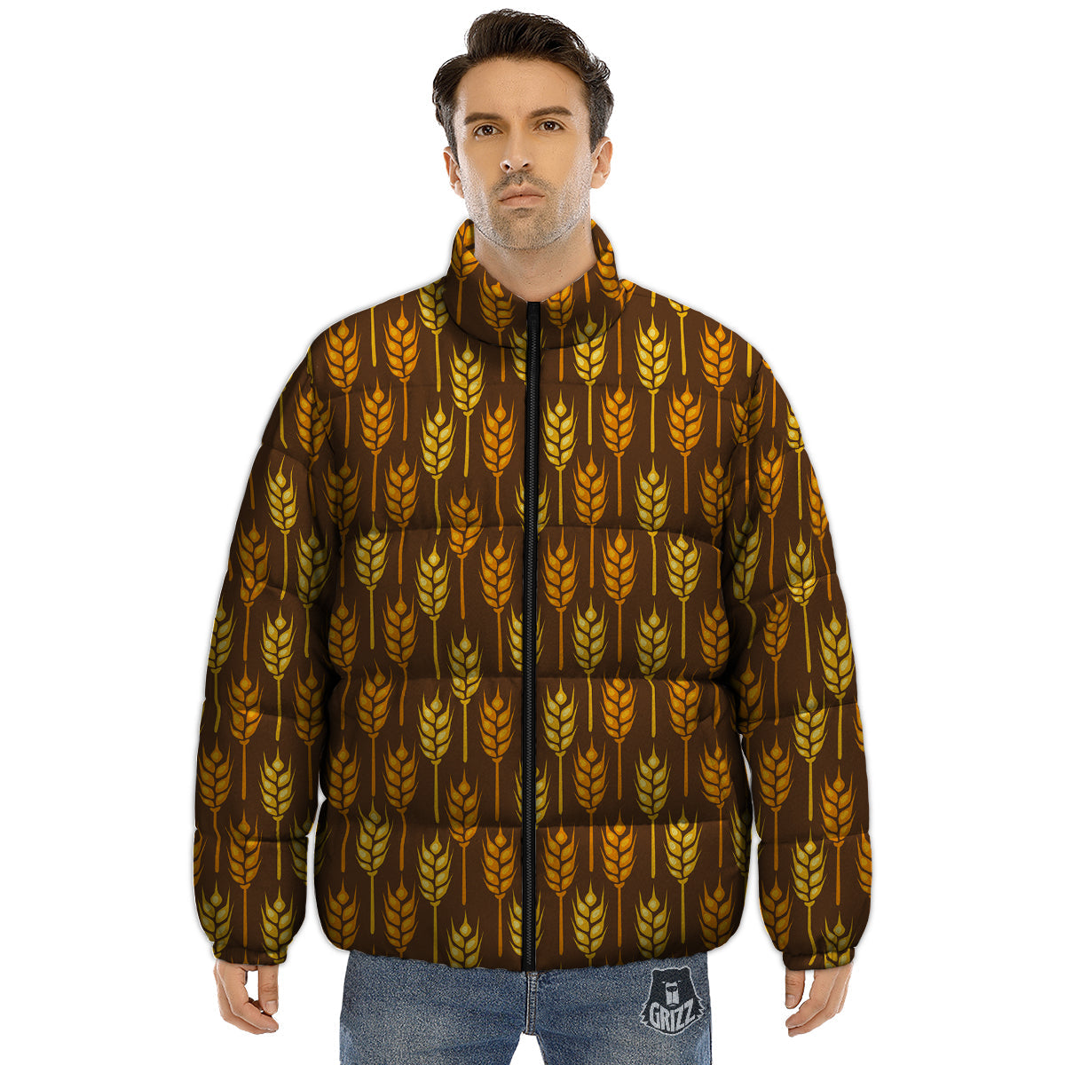 Brown And Yellow Wheat Print Pattern Puffer Jacket-grizzshop