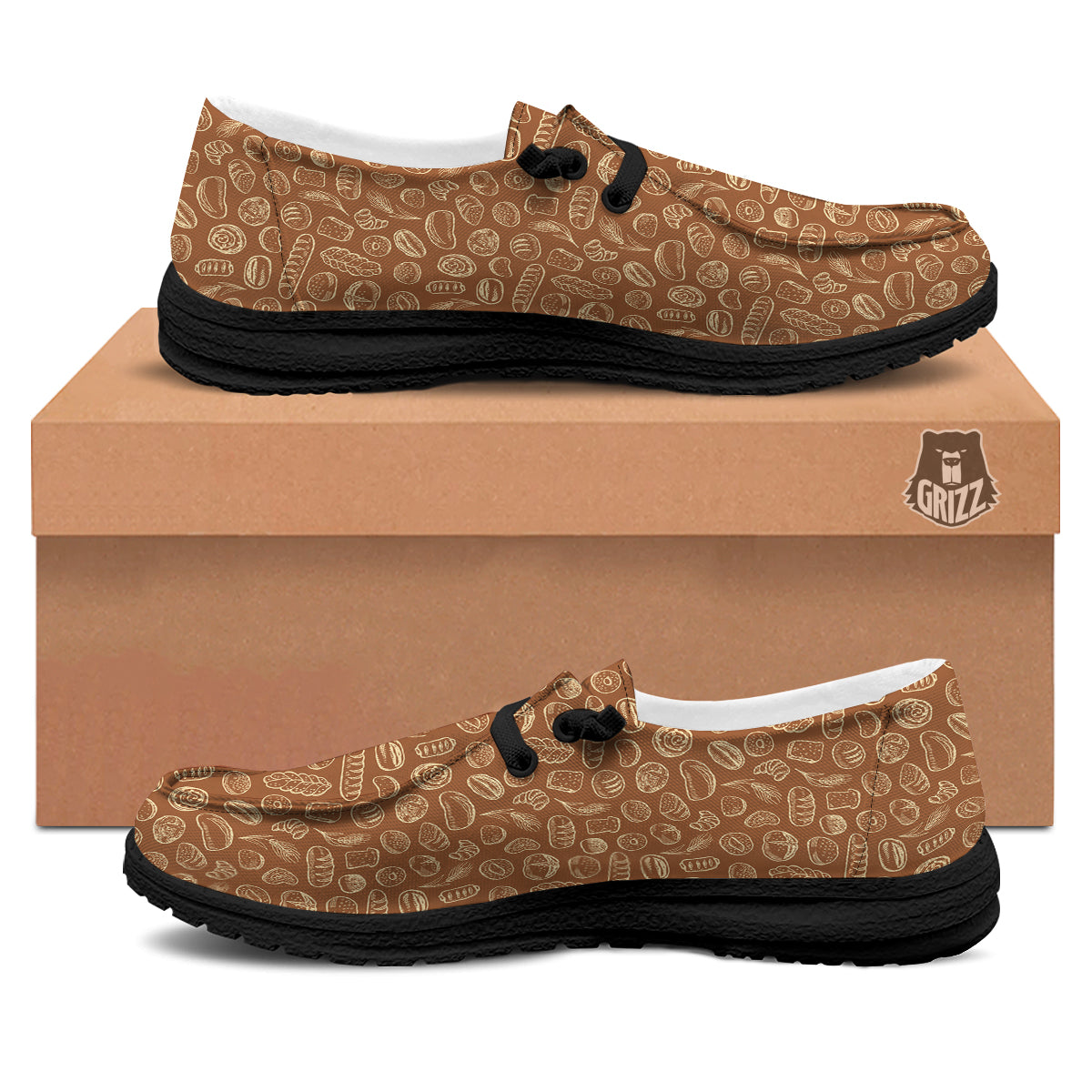 Brown Bakery Beige Print Pattern Black Loafers-grizzshop