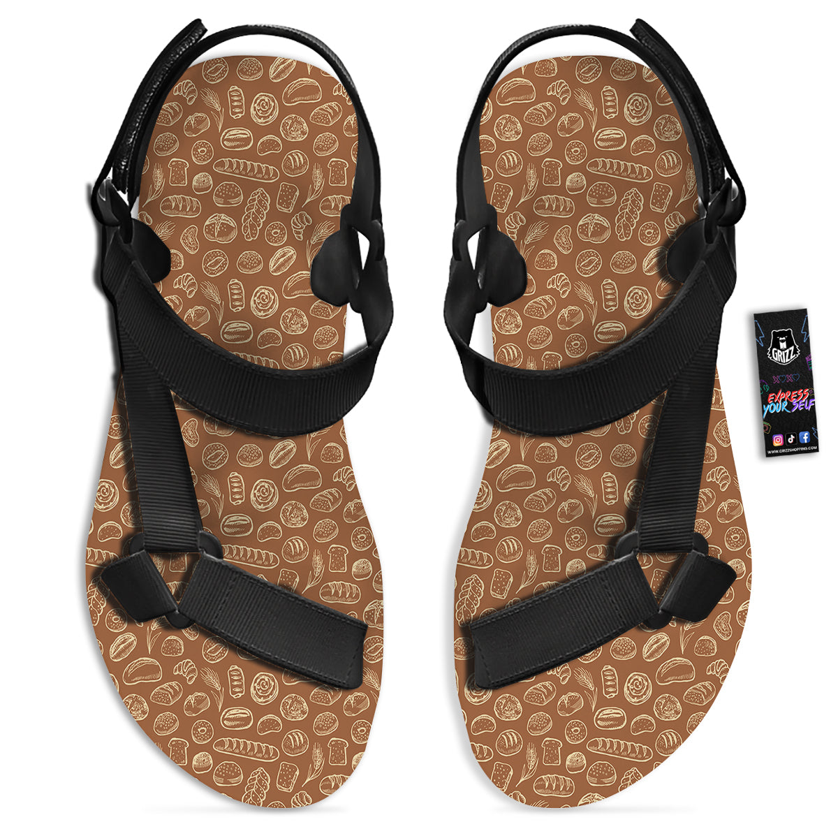 Brown Bakery Beige Print Pattern Black Open Toe Sandals-grizzshop