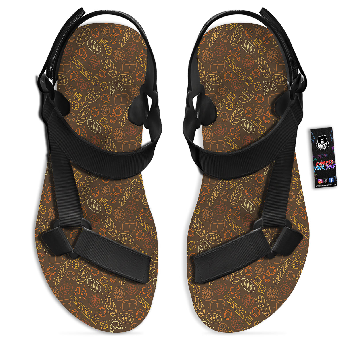Brown Bakery Print Pattern Black Open Toe Sandals-grizzshop