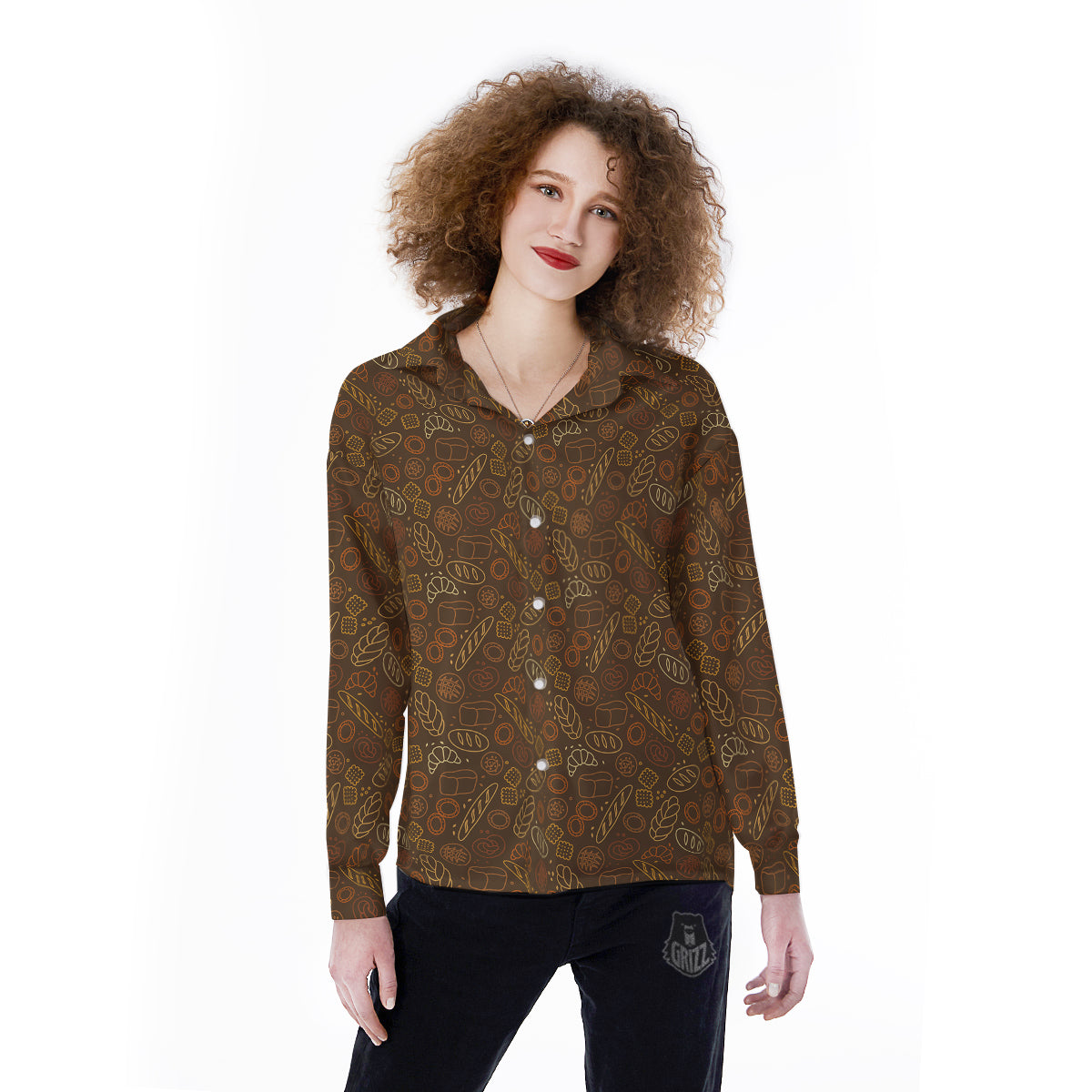 Brown Bakery Print Pattern Women's Long Sleeve Shirts-grizzshop