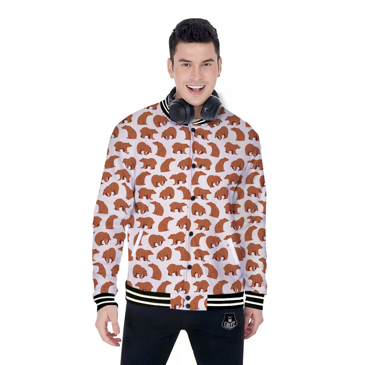 Brown Bear Cute Print Pattern Baseball Jacket-grizzshop