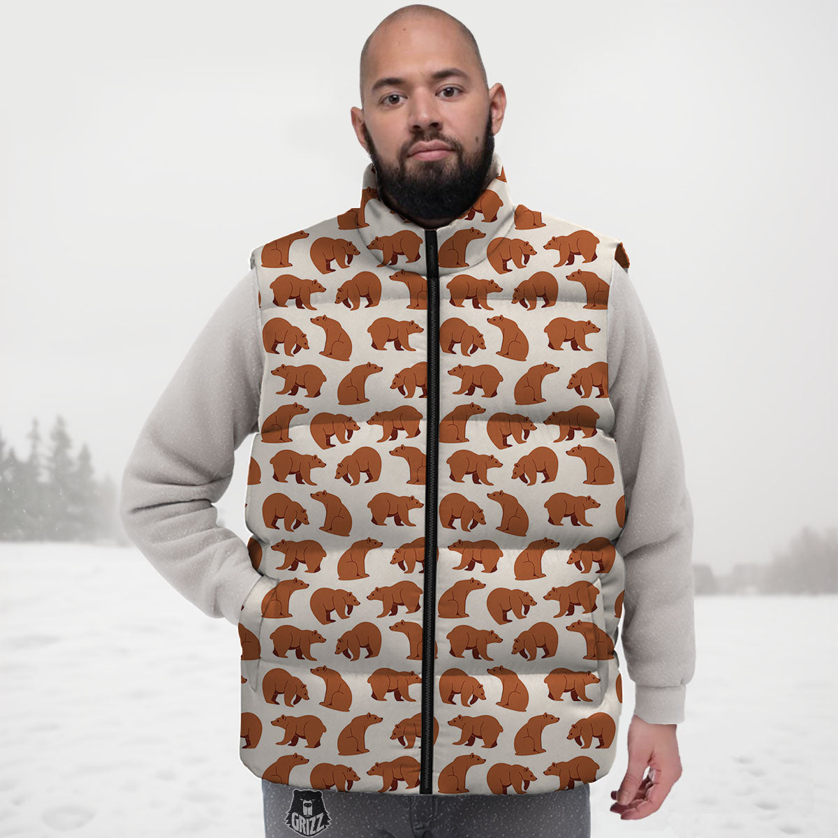 Brown Bear Cute Print Pattern Down Vest
