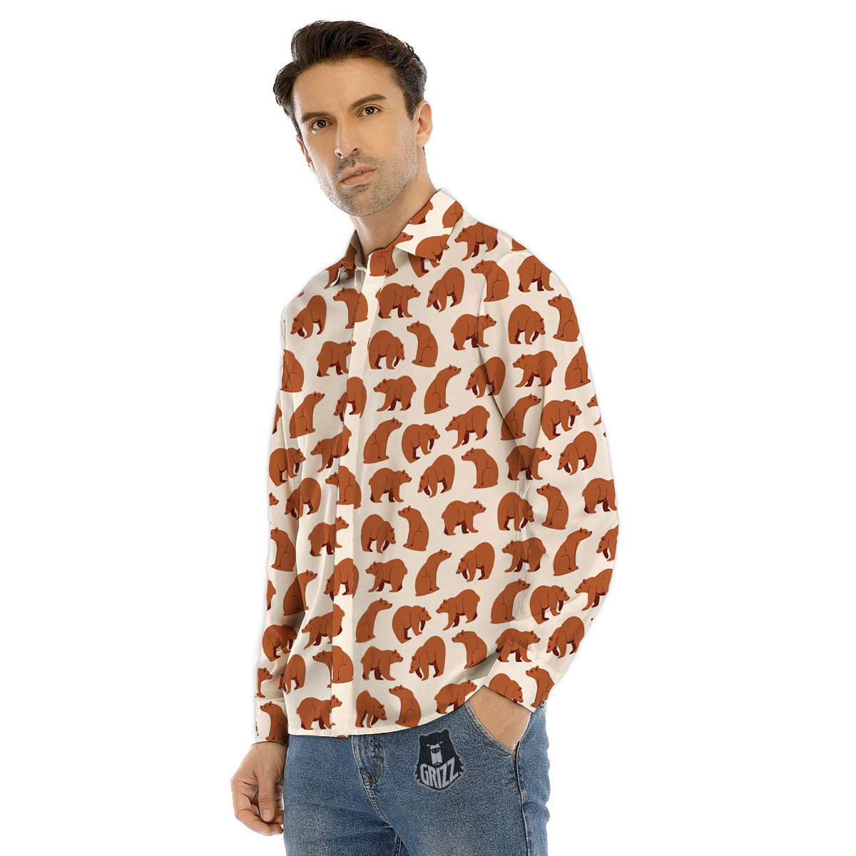 Brown Bear Cute Print Pattern Men's Dress Shirts-grizzshop