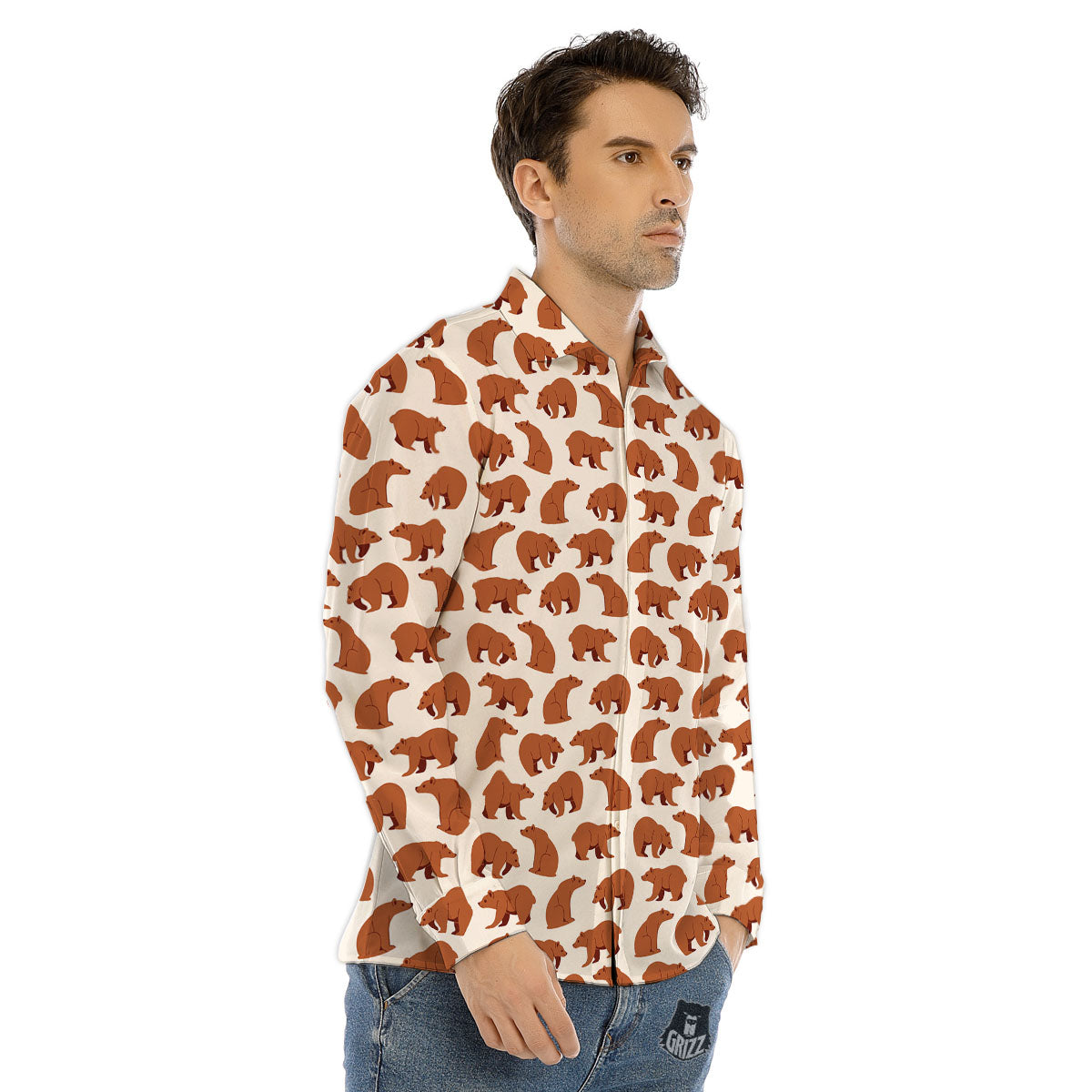 Brown Bear Cute Print Pattern Men's Dress Shirts-grizzshop