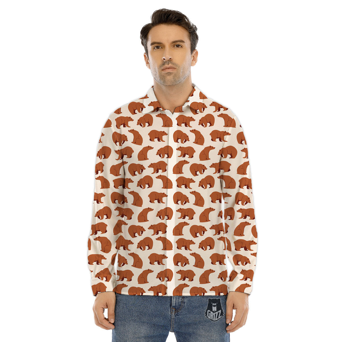 Brown Bear Cute Print Pattern Men's Dress Shirts-grizzshop