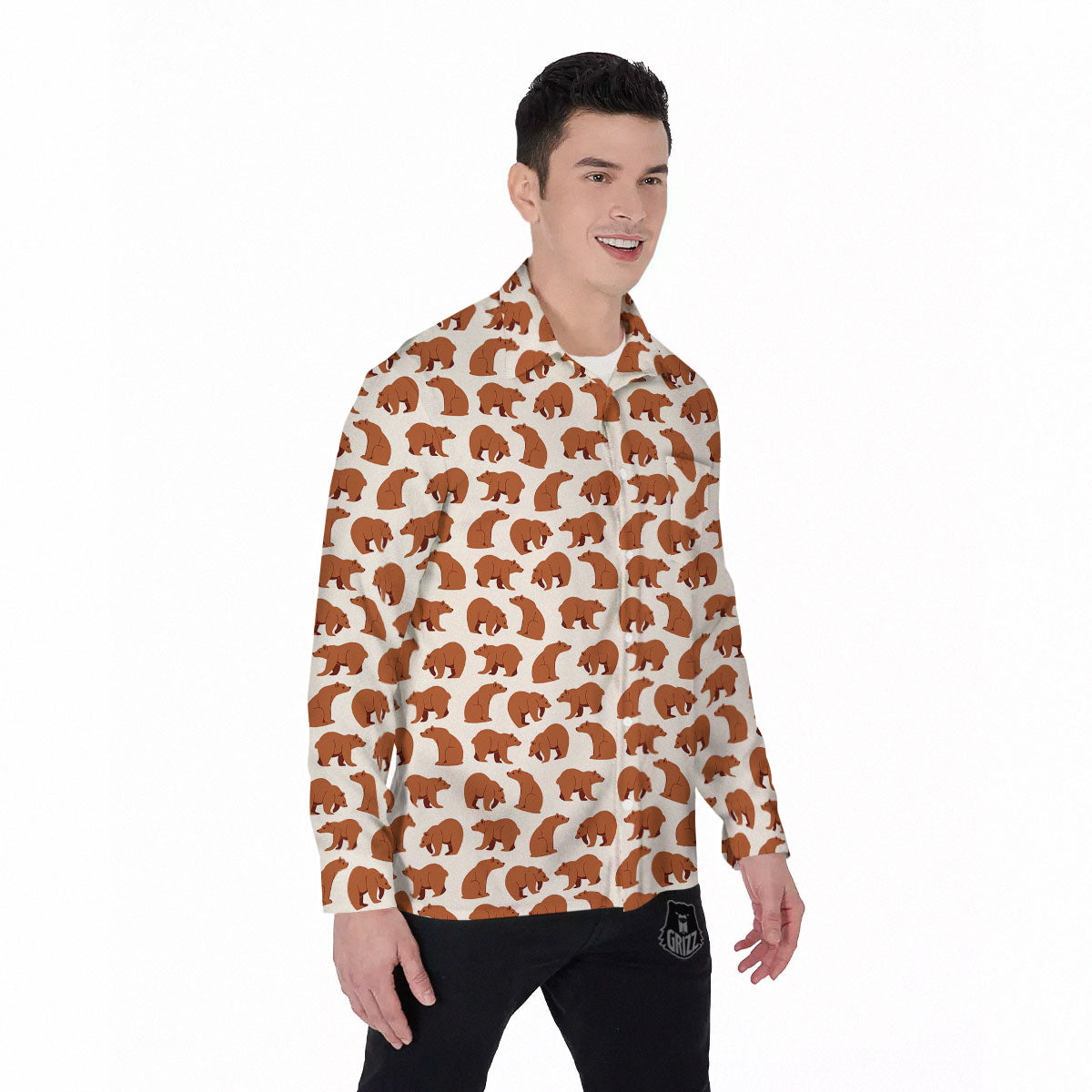 Brown Bear Cute Print Pattern Men's Long Sleeve Shirts-grizzshop