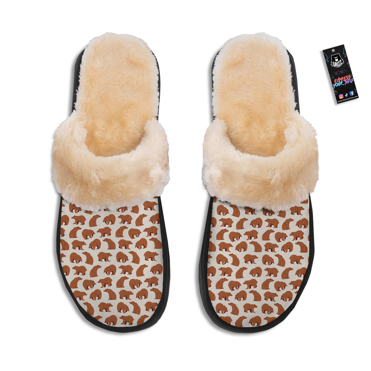 Brown Bear Cute Print Pattern Slippers-grizzshop