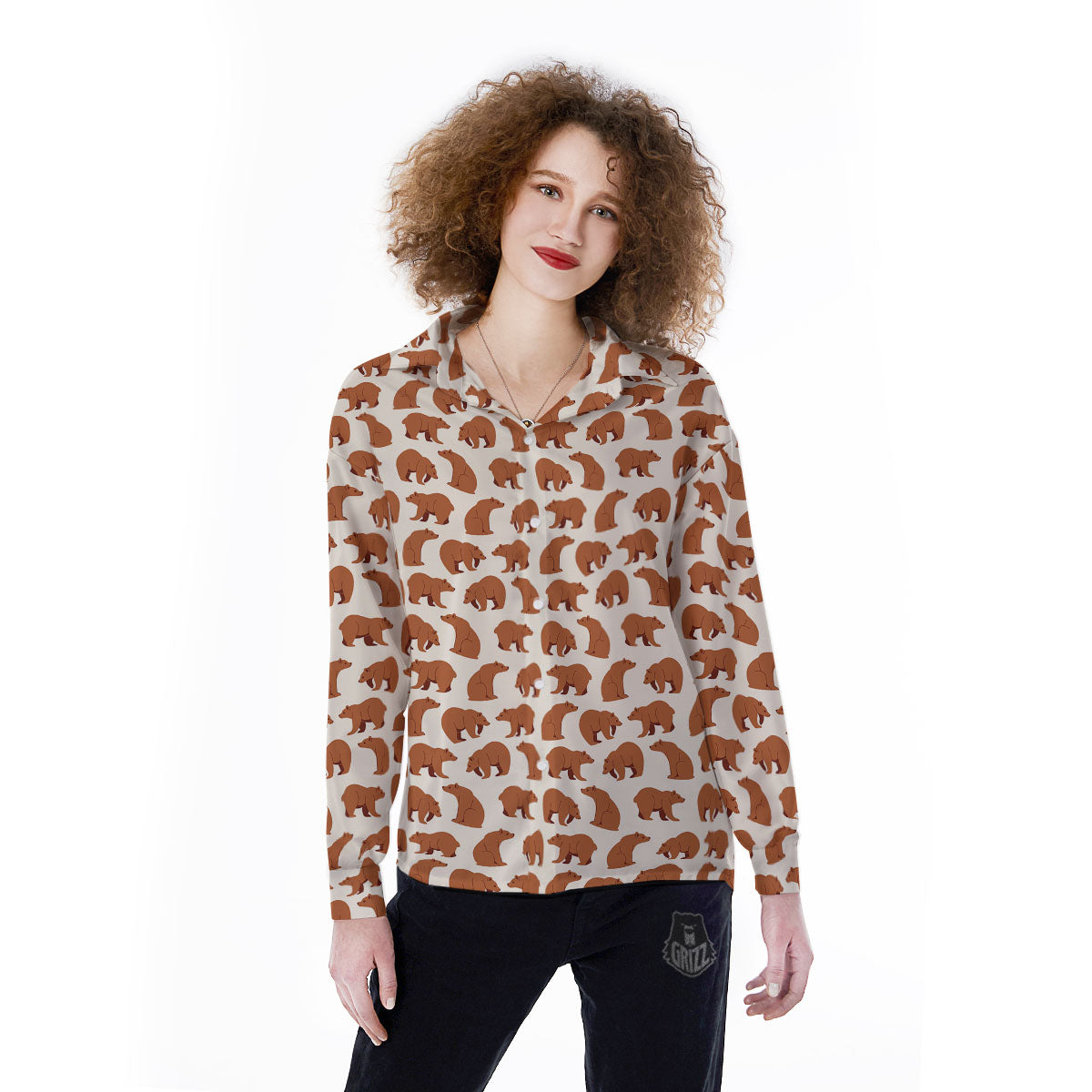 Brown Bear Cute Print Pattern Women's Long Sleeve Shirts-grizzshop