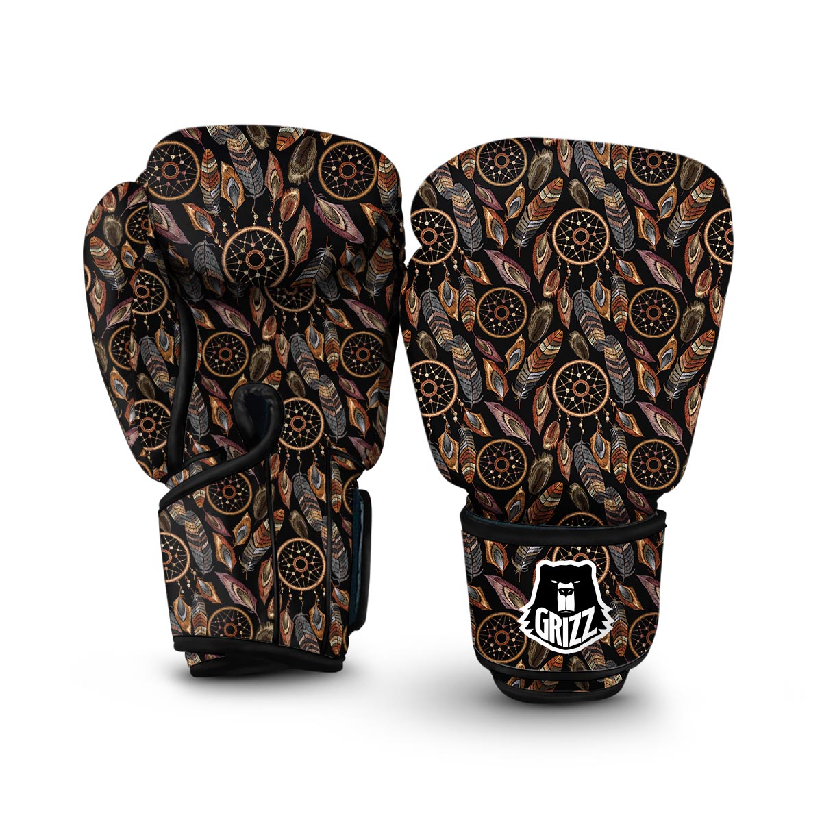 Brown Boho Peacock Dream Catcher Feather Boxing Gloves-grizzshop
