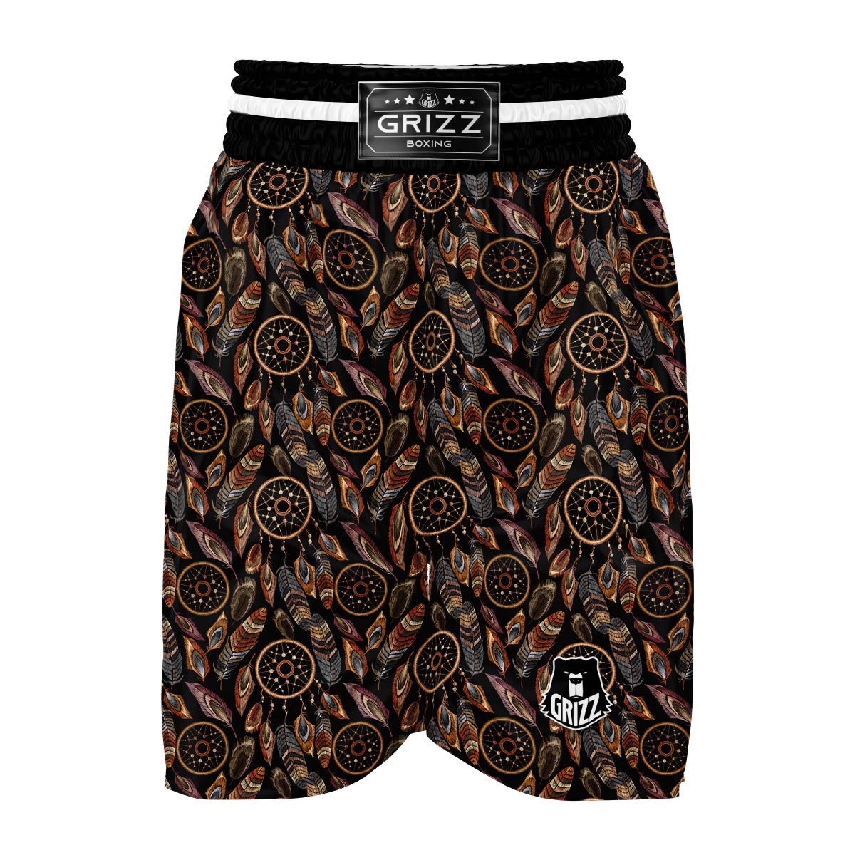 Brown Boho Peacock Dream Catcher Feather Boxing Shorts-grizzshop