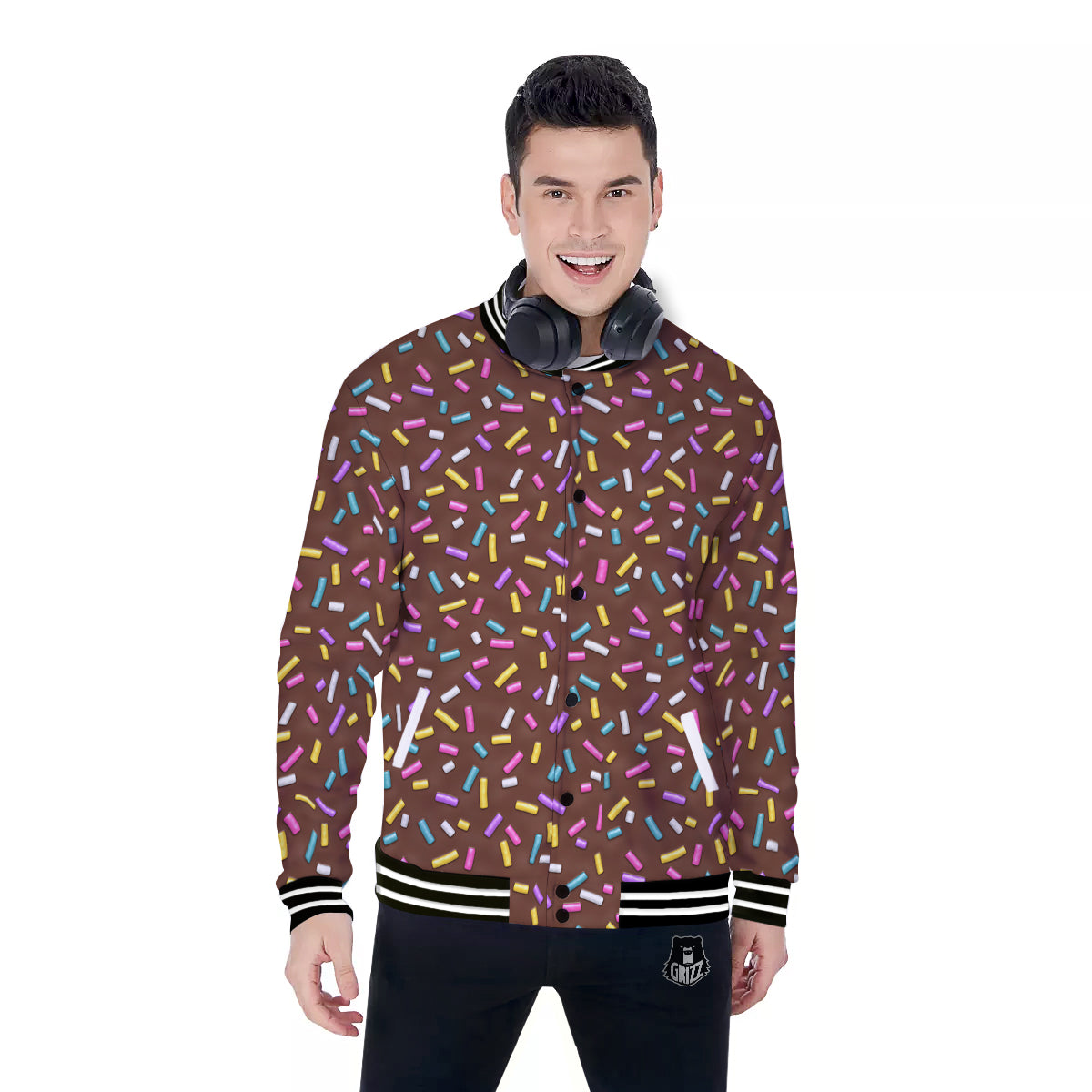Brown Candy Sprinkles Sweet Print Pattern Baseball Jacket-grizzshop