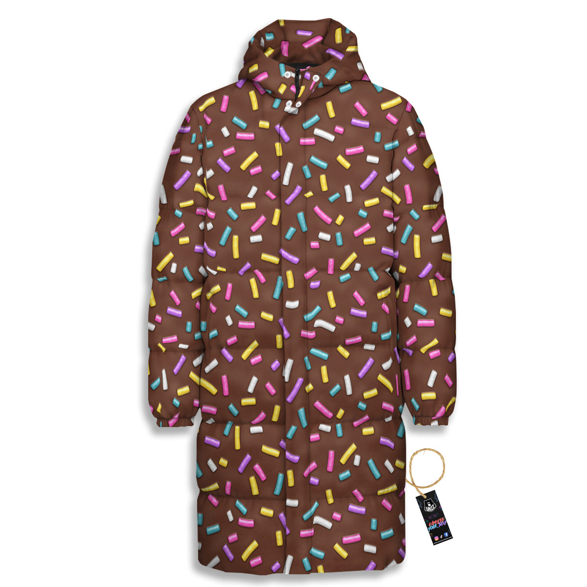 Brown Candy Sprinkles Sweet Print Pattern Long Down Jacket-grizzshop