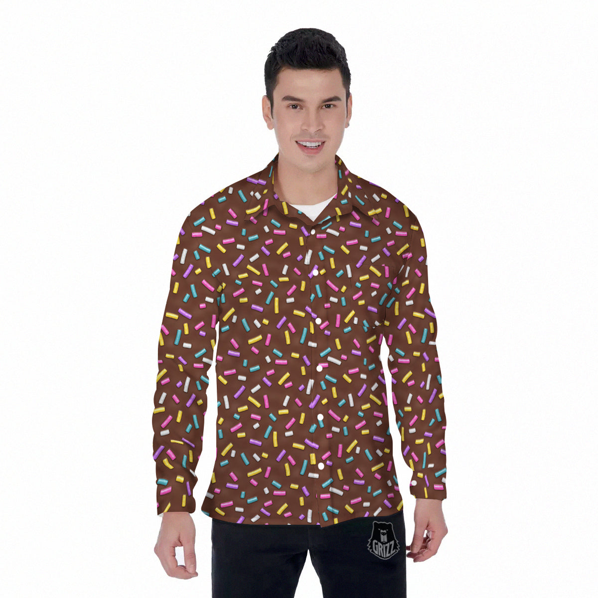 Brown Candy Sprinkles Sweet Print Pattern Men's Long Sleeve Shirts-grizzshop