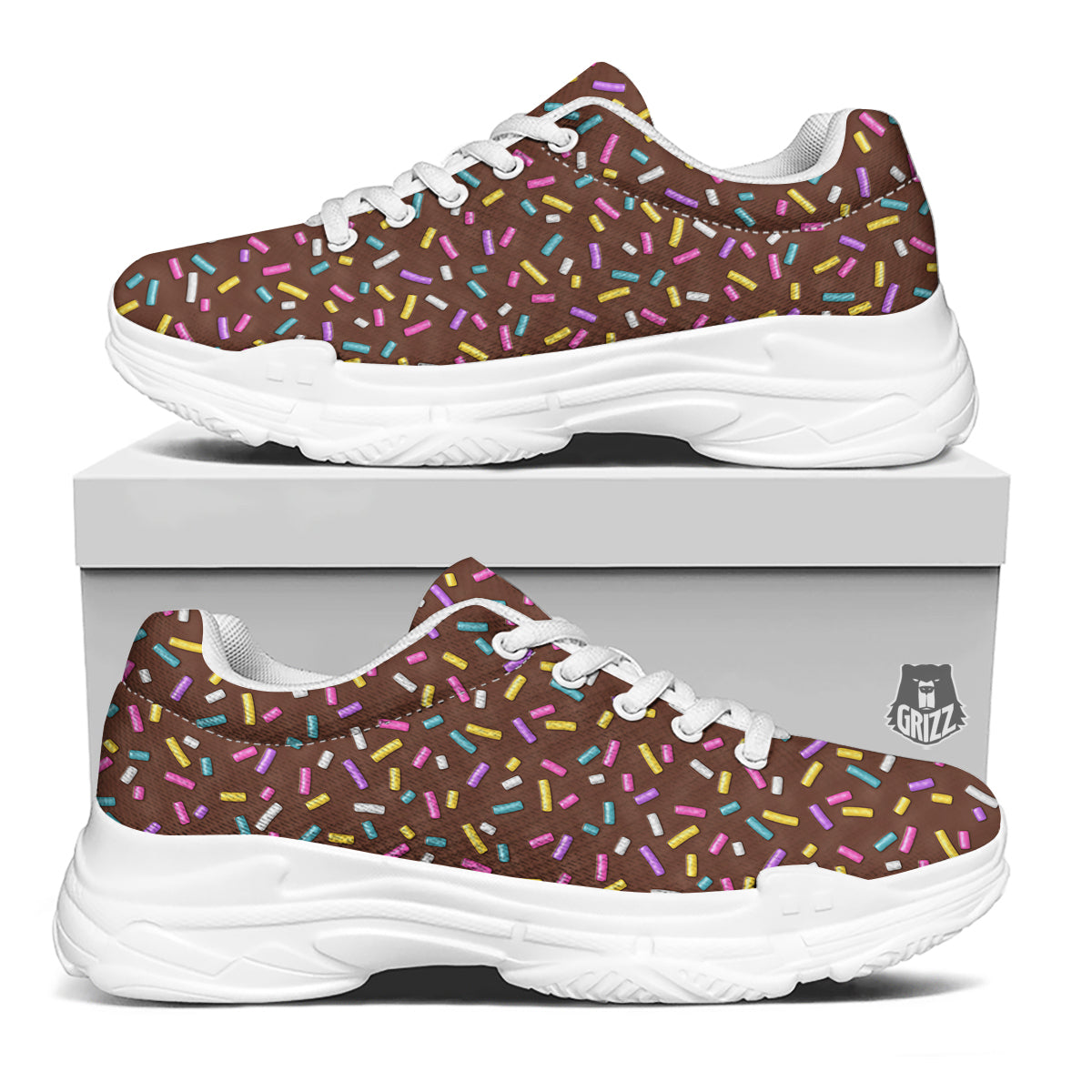 Brown Candy Sprinkles Sweet Print Pattern White Chunky Shoes-grizzshop