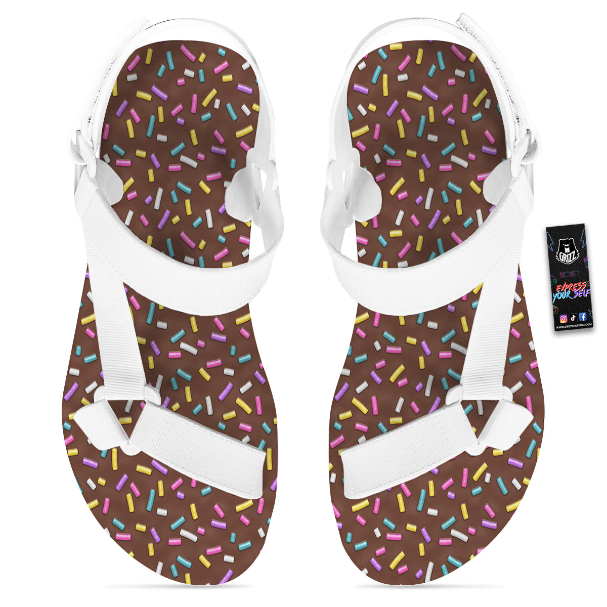Brown Candy Sprinkles Sweet Print Pattern White Open Toe Sandals-grizzshop