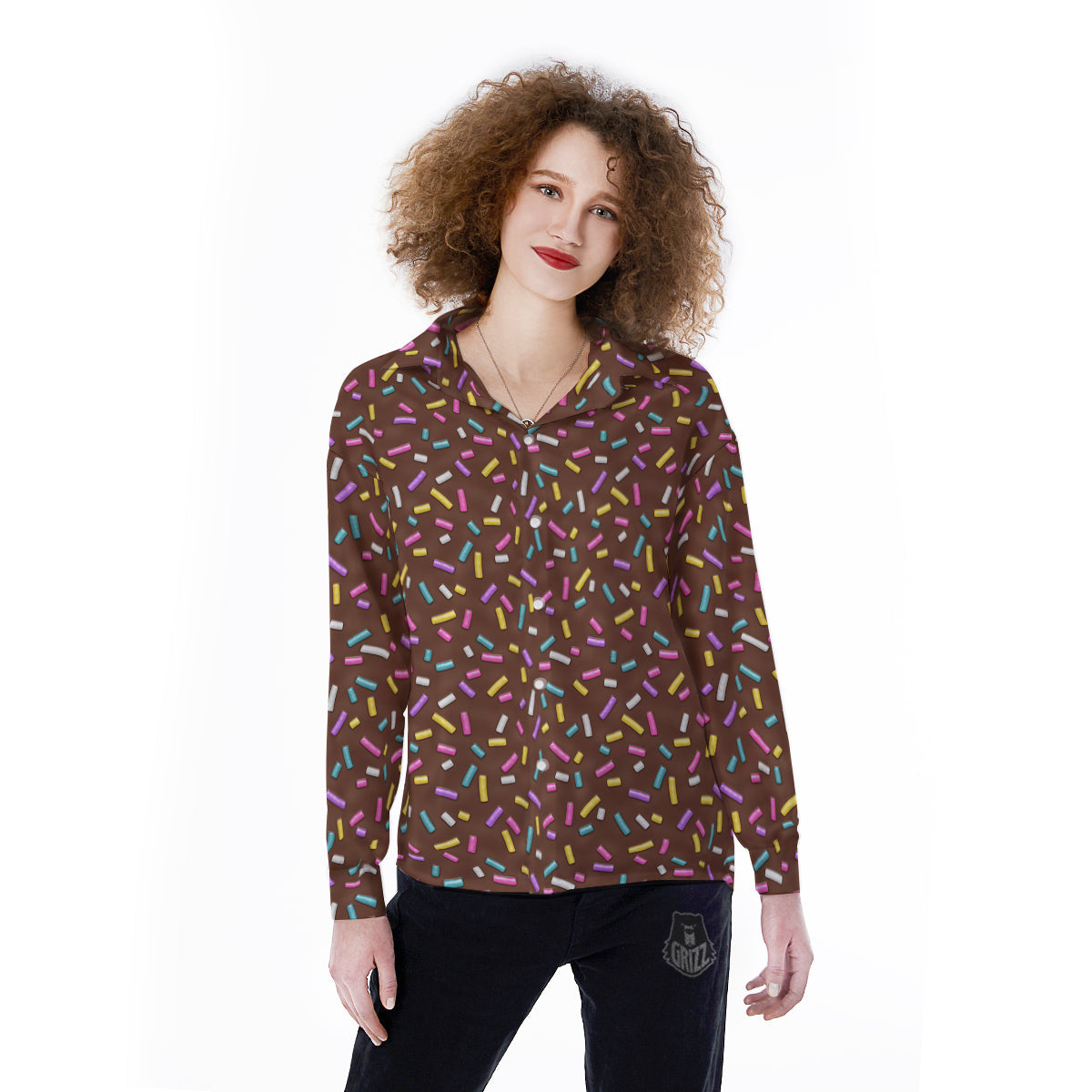 Brown Candy Sprinkles Sweet Print Pattern Women's Long Sleeve Shirts-grizzshop