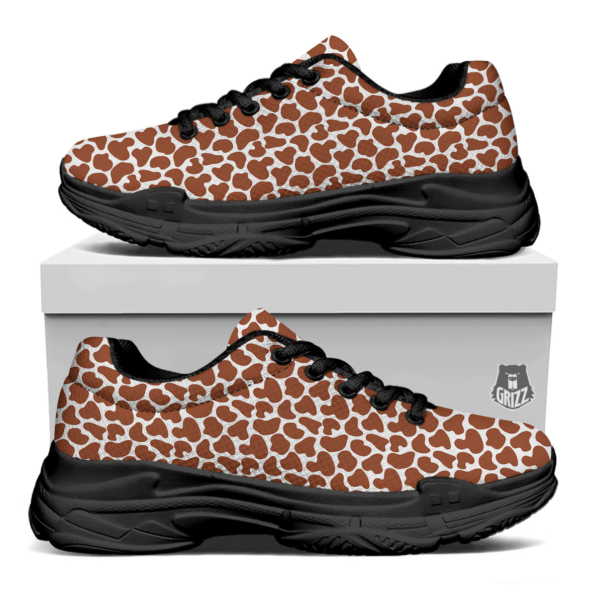 Brown Chocolate And White Cow Print Black Chunky Shoes-grizzshop