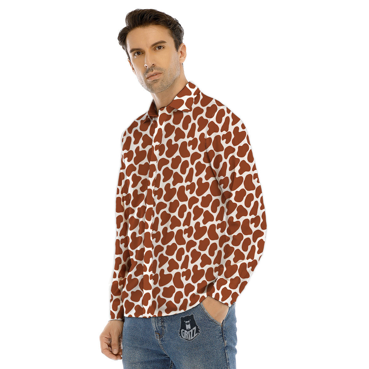 Brown Chocolate And White Cow Print Men's Dress Shirts-grizzshop