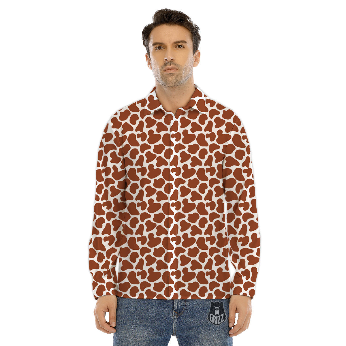 Brown Chocolate And White Cow Print Men's Dress Shirts-grizzshop