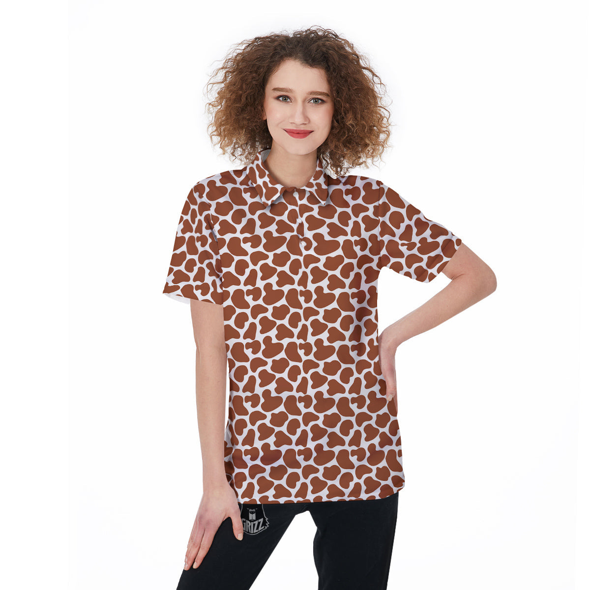 Brown Chocolate And White Cow Print Women's Golf Shirts-grizzshop