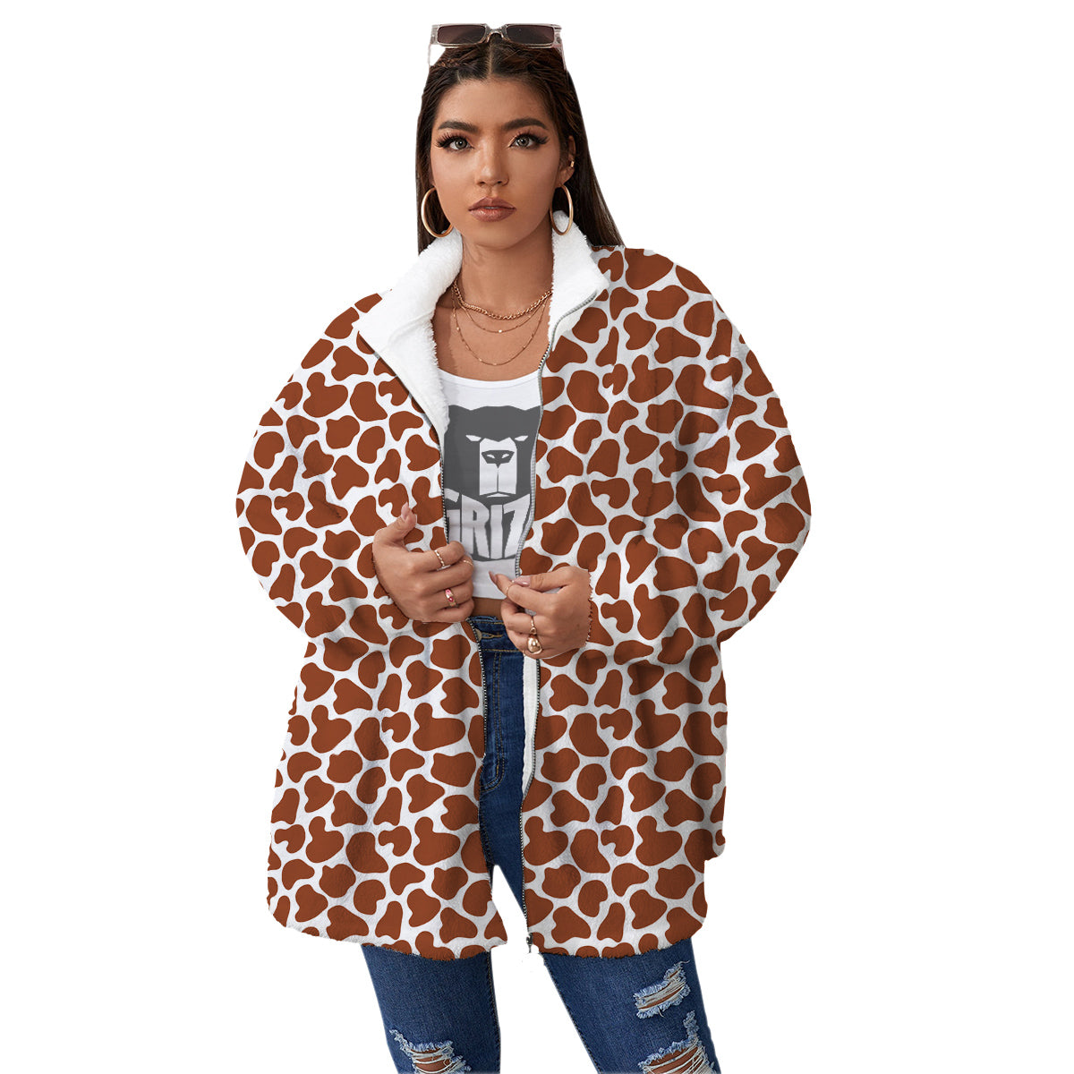 Brown Chocolate And White Cow Print Women's Sherpa Jacket-grizzshop