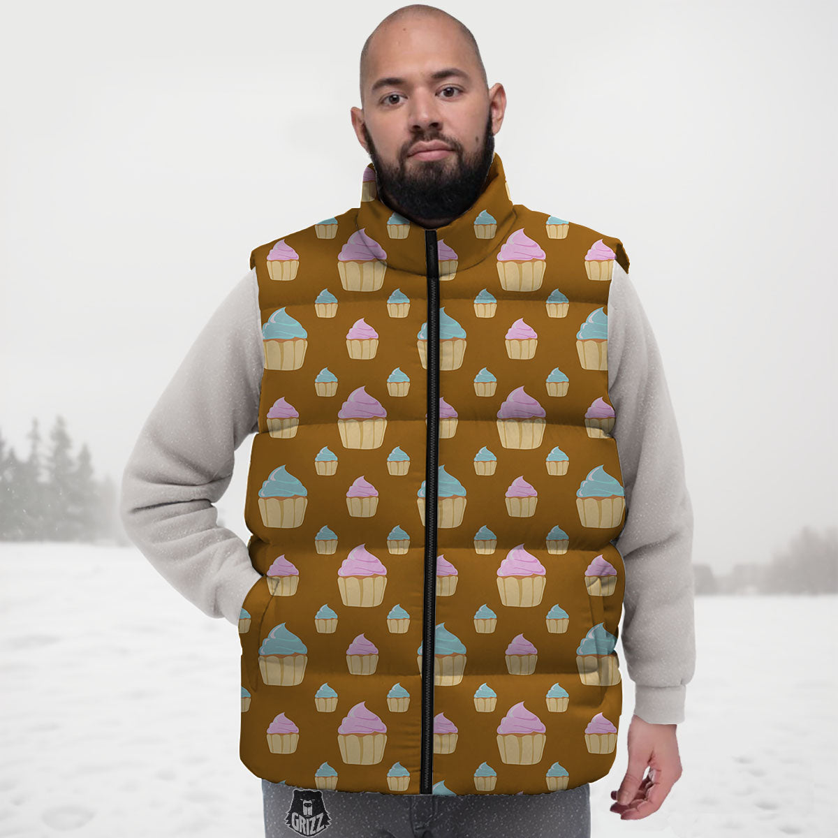 Brown Cupcake Pastel Print Pattern Down Vest