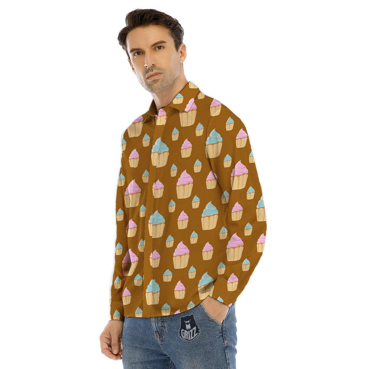 Brown Cupcake Pastel Print Pattern Men's Dress Shirts-grizzshop