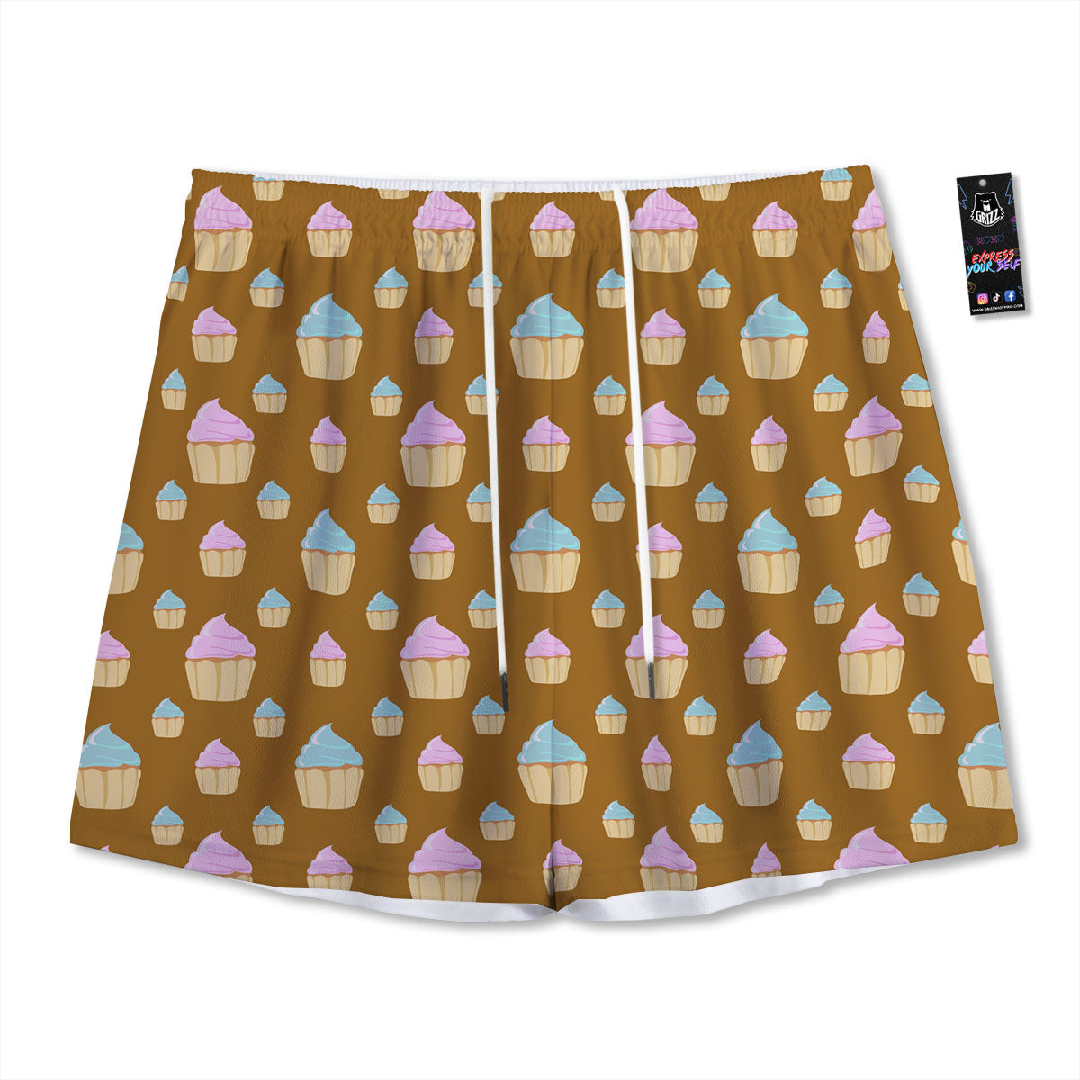 Brown Cupcake Pastel Print Pattern Mesh Shorts
