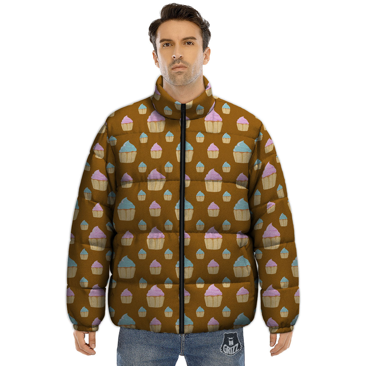 Brown Cupcake Pastel Print Pattern Puffer Jacket-grizzshop