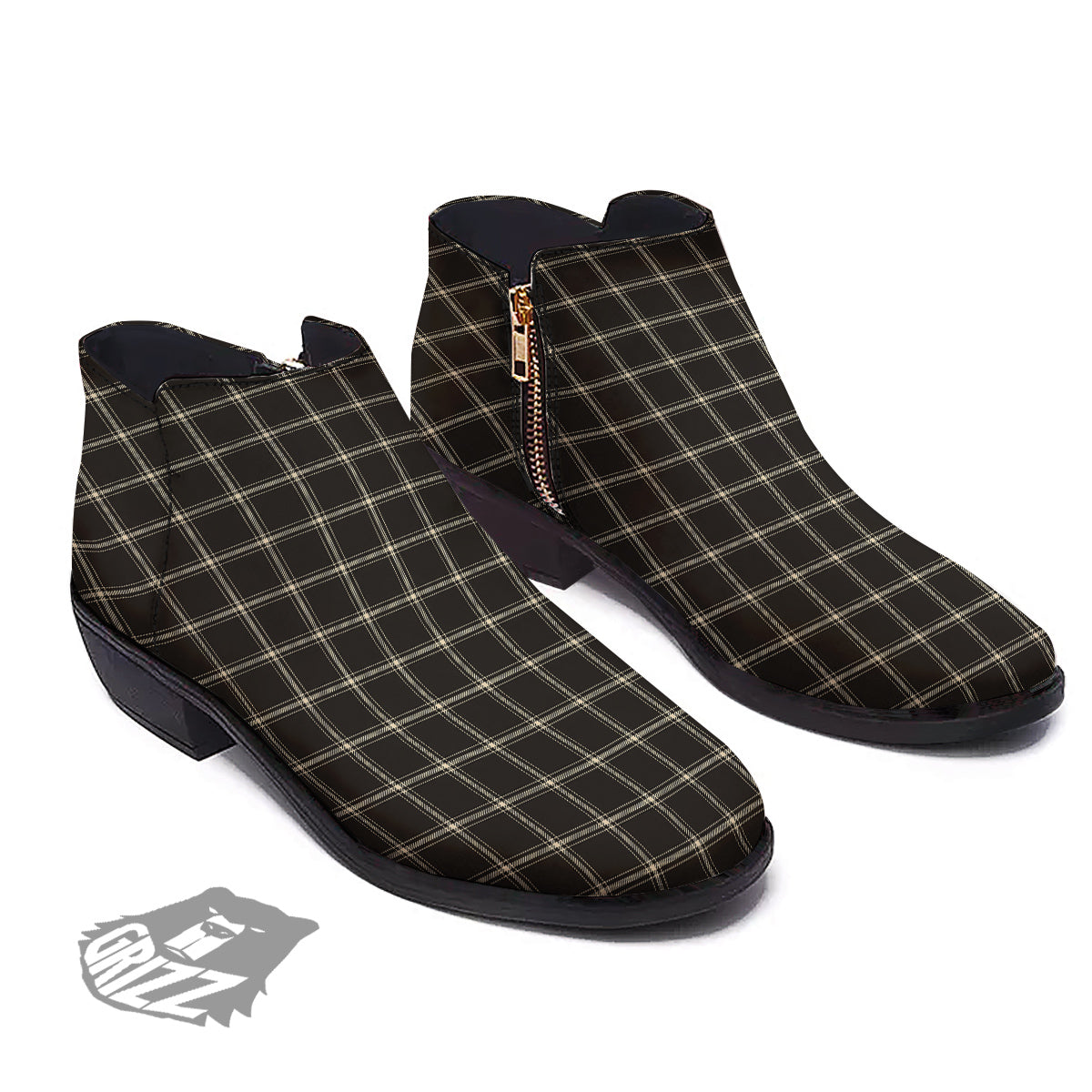 Brown Dark Check Print Pattern Ankle Boots-grizzshop