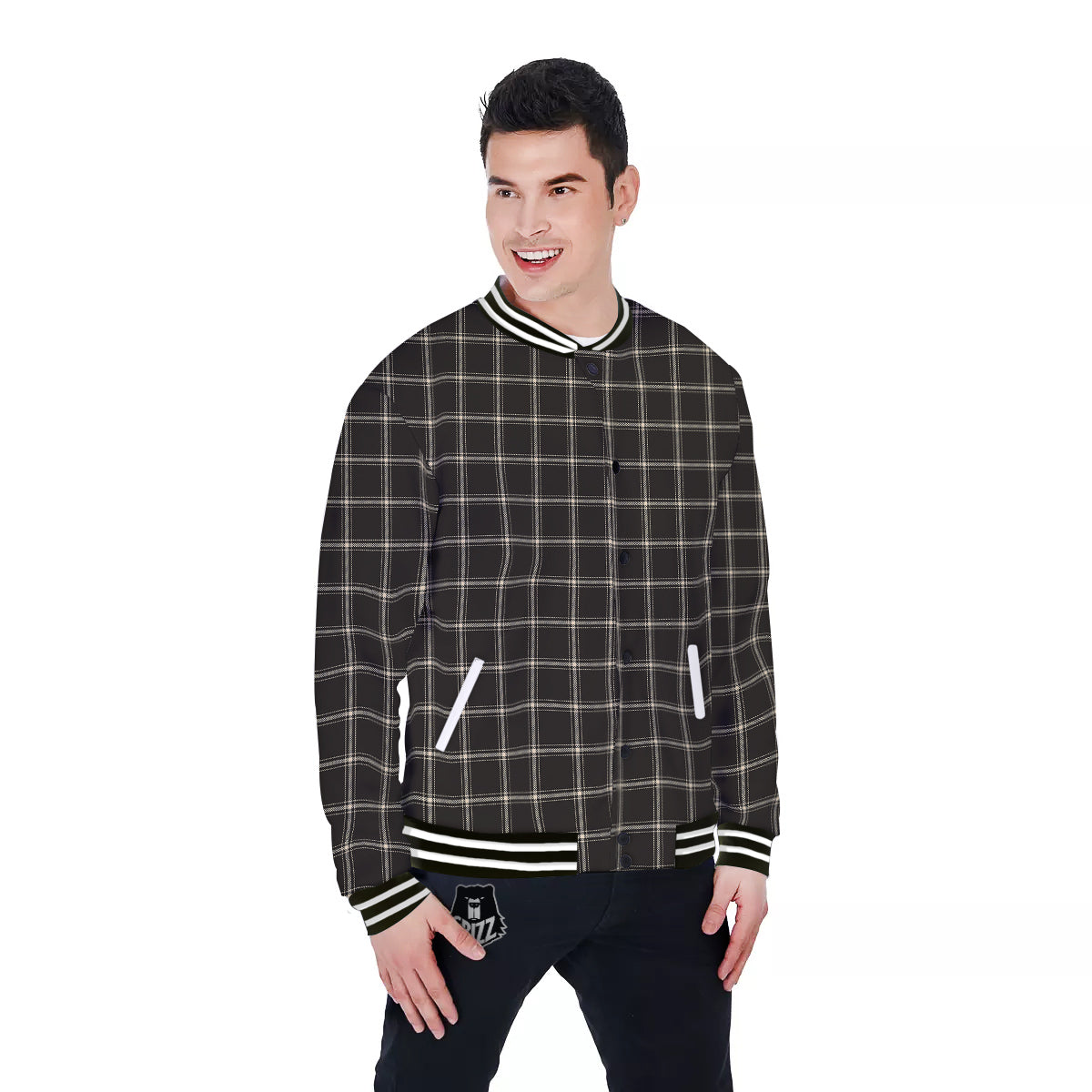 Brown Dark Check Print Pattern Baseball Jacket-grizzshop