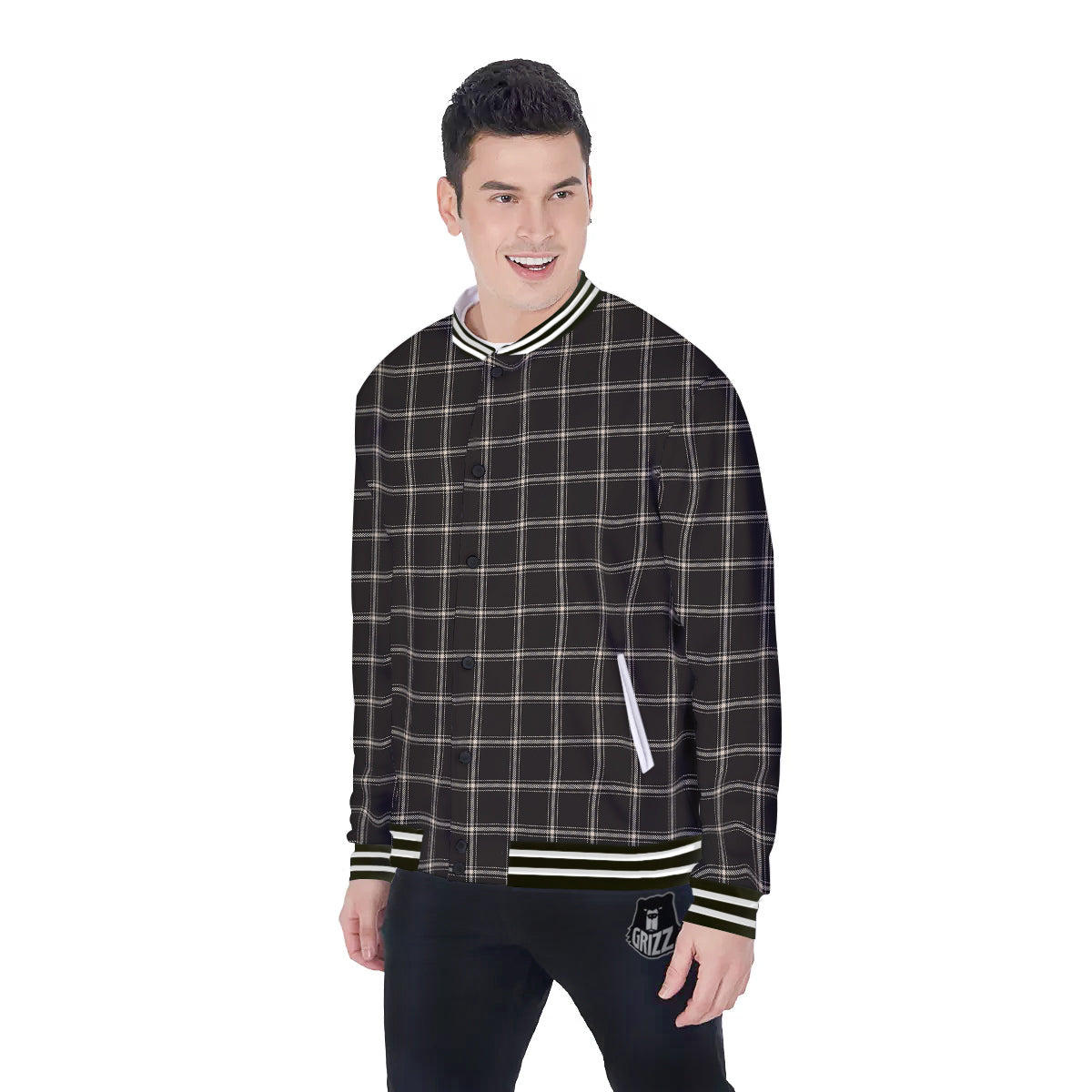 Brown Dark Check Print Pattern Baseball Jacket-grizzshop