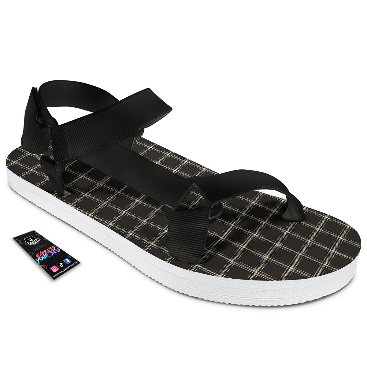 Brown Dark Check Print Pattern Black Open Toe Sandals-grizzshop