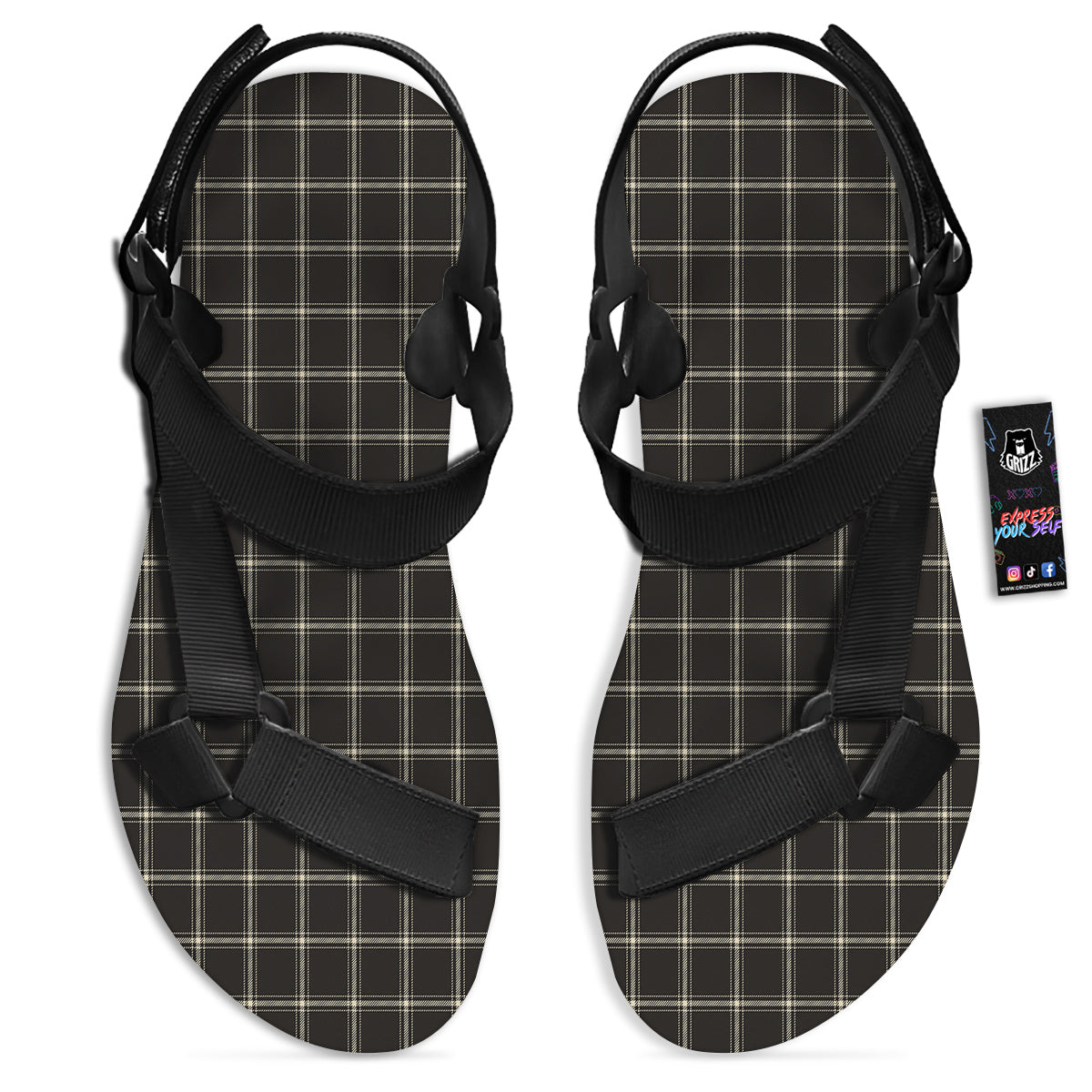 Brown Dark Check Print Pattern Black Open Toe Sandals-grizzshop