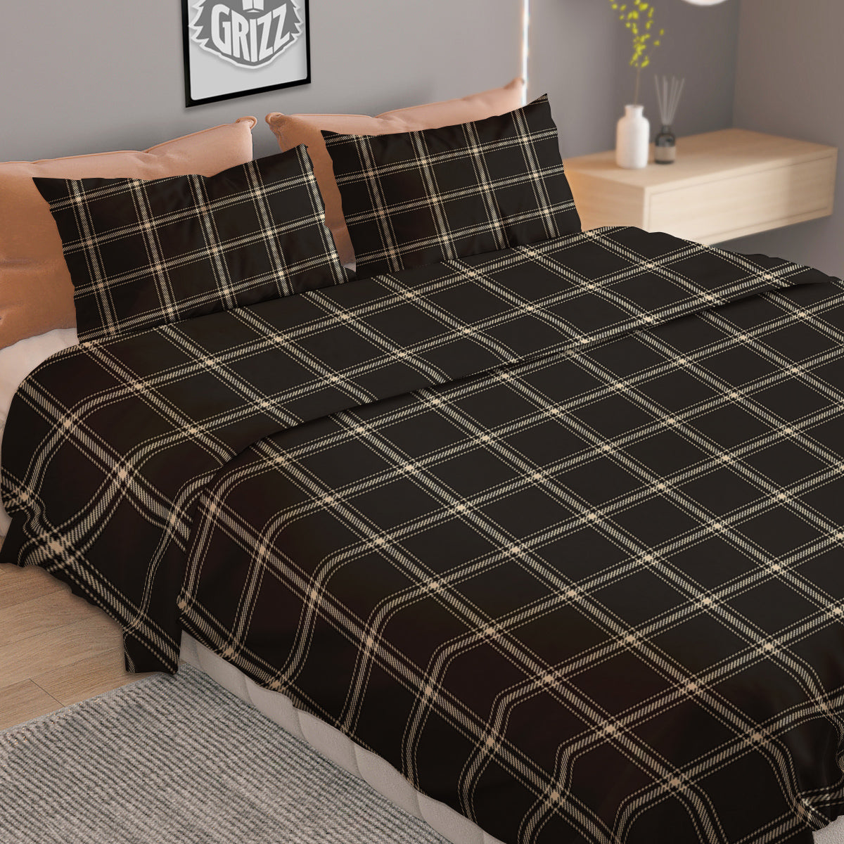 Brown Dark Check Print Pattern Duvet Cover Bedding Set