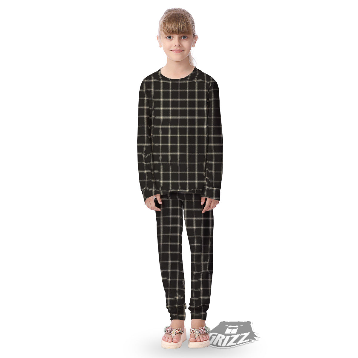 Brown Dark Check Print Pattern Kid's Pajamas-grizzshop