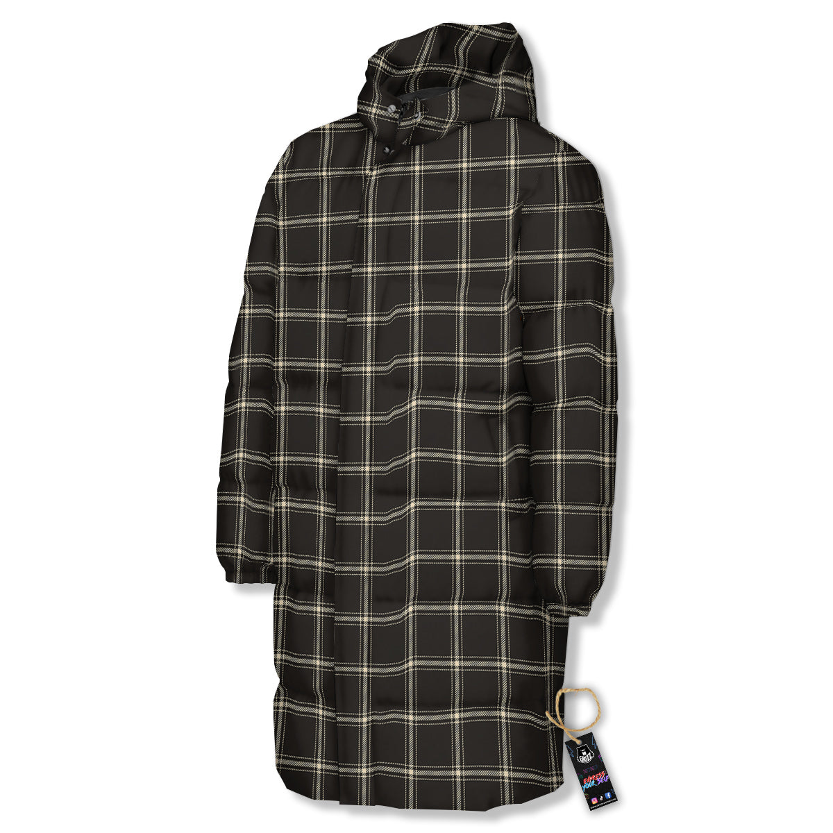 Brown Dark Check Print Pattern Long Down Jacket-grizzshop