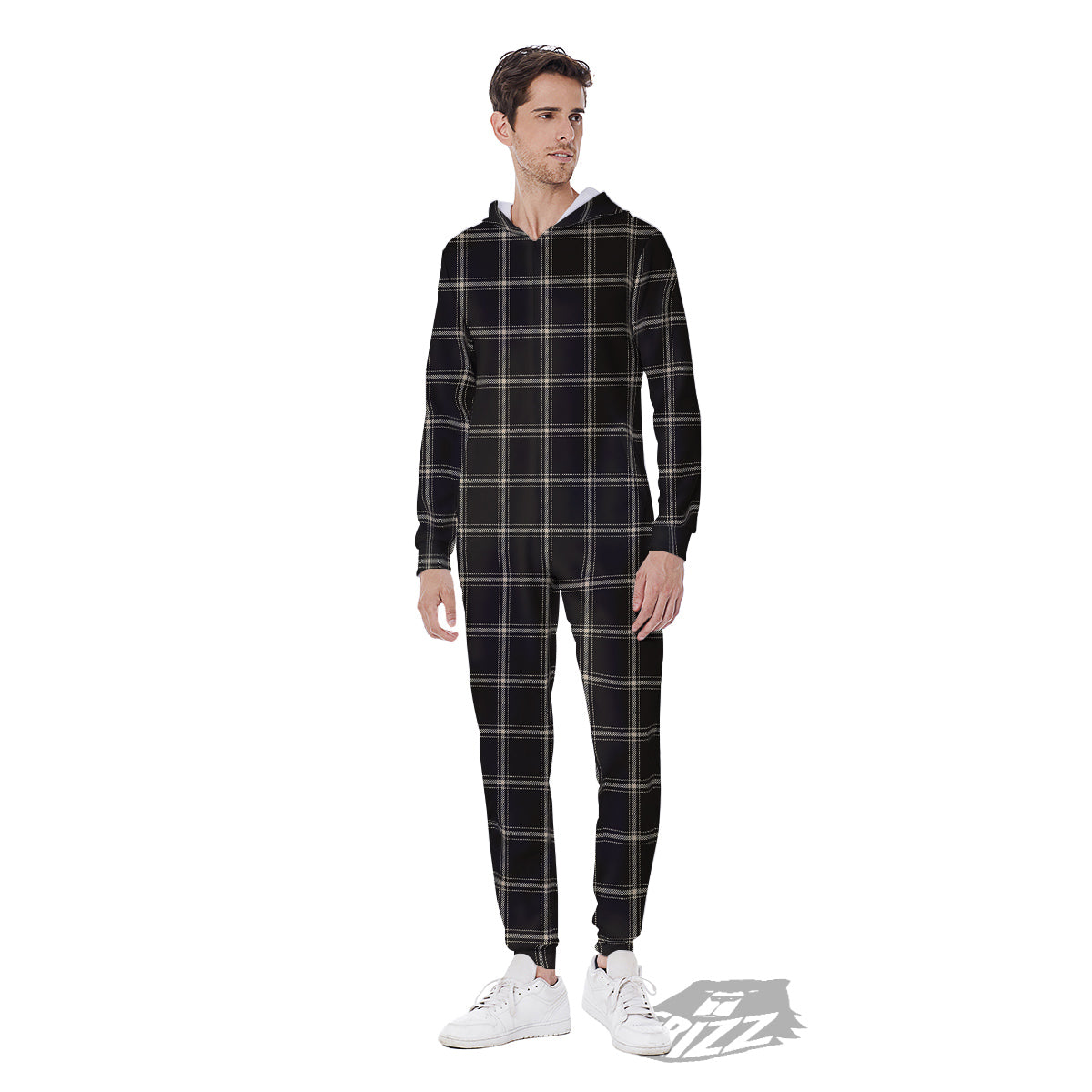 Brown Dark Check Print Pattern Men's Jumpsuit-grizzshop