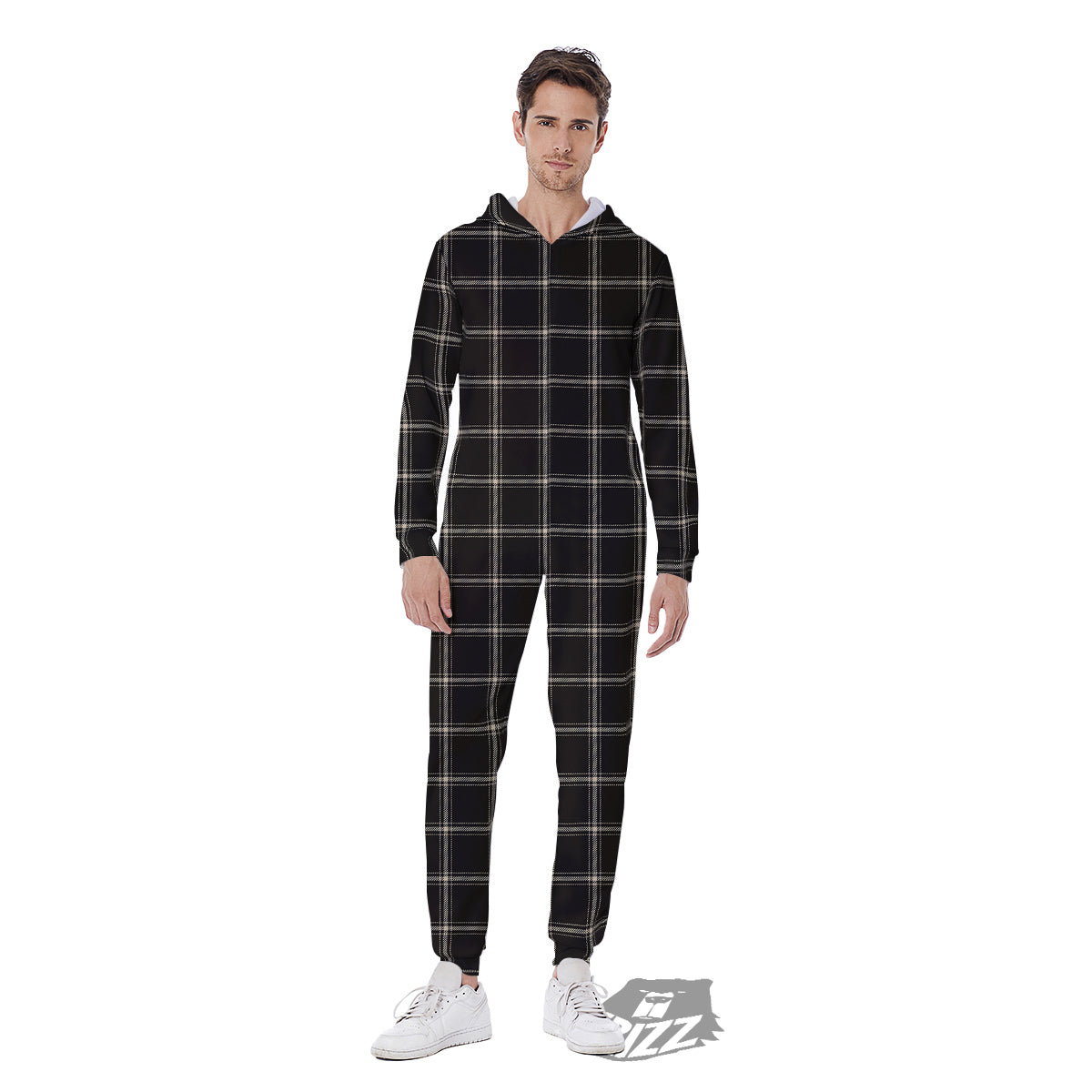Brown Dark Check Print Pattern Men's Jumpsuit-grizzshop