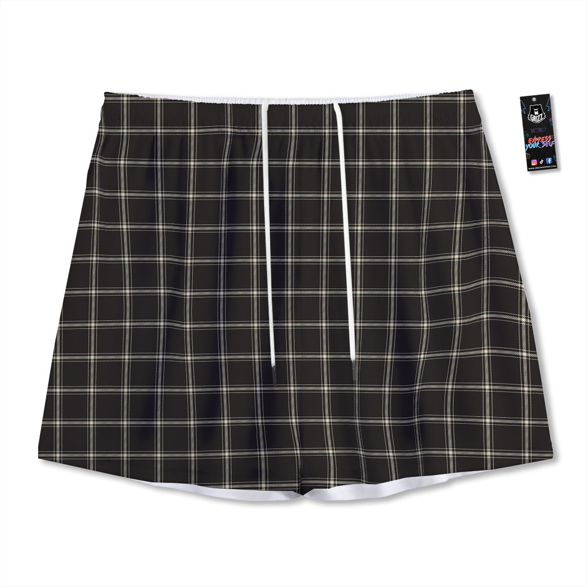 Brown Dark Check Print Pattern Mesh Shorts